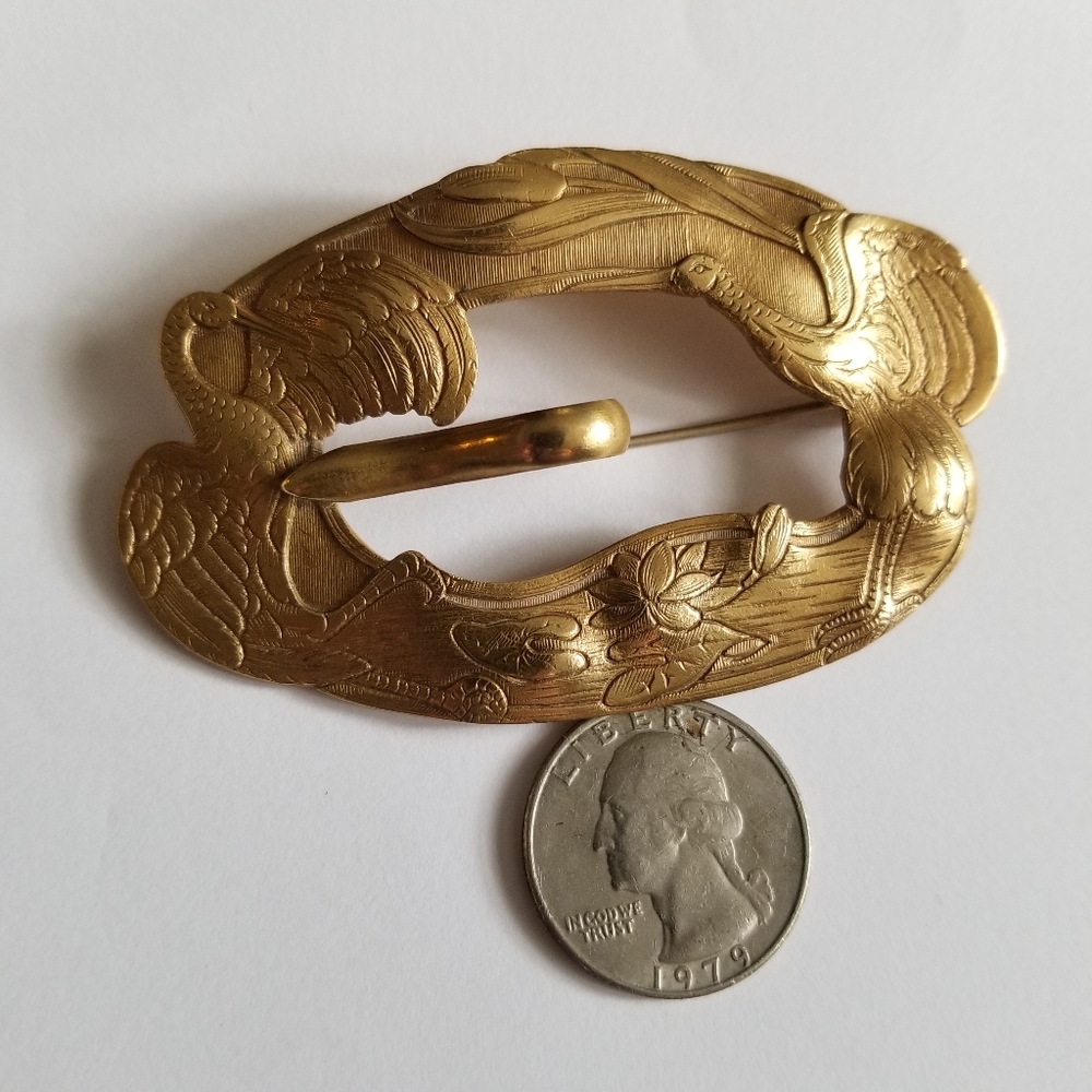 Relisted -Antique Edwardian crane lily pad sash brooch pin nouveau gold tone - Picture 14 of 17